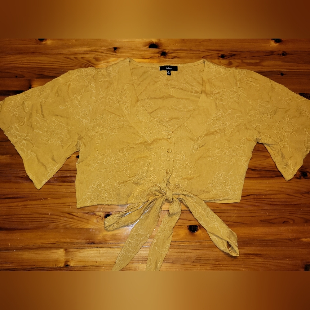 Lulu's Yellow Crop Blouse with Notched Collar and Tie Front